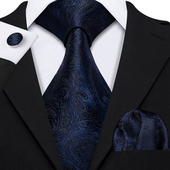 100% Silk Necktie Handkerchief Paisley Jacquard Woven Blue NeckTie Gift Box Set